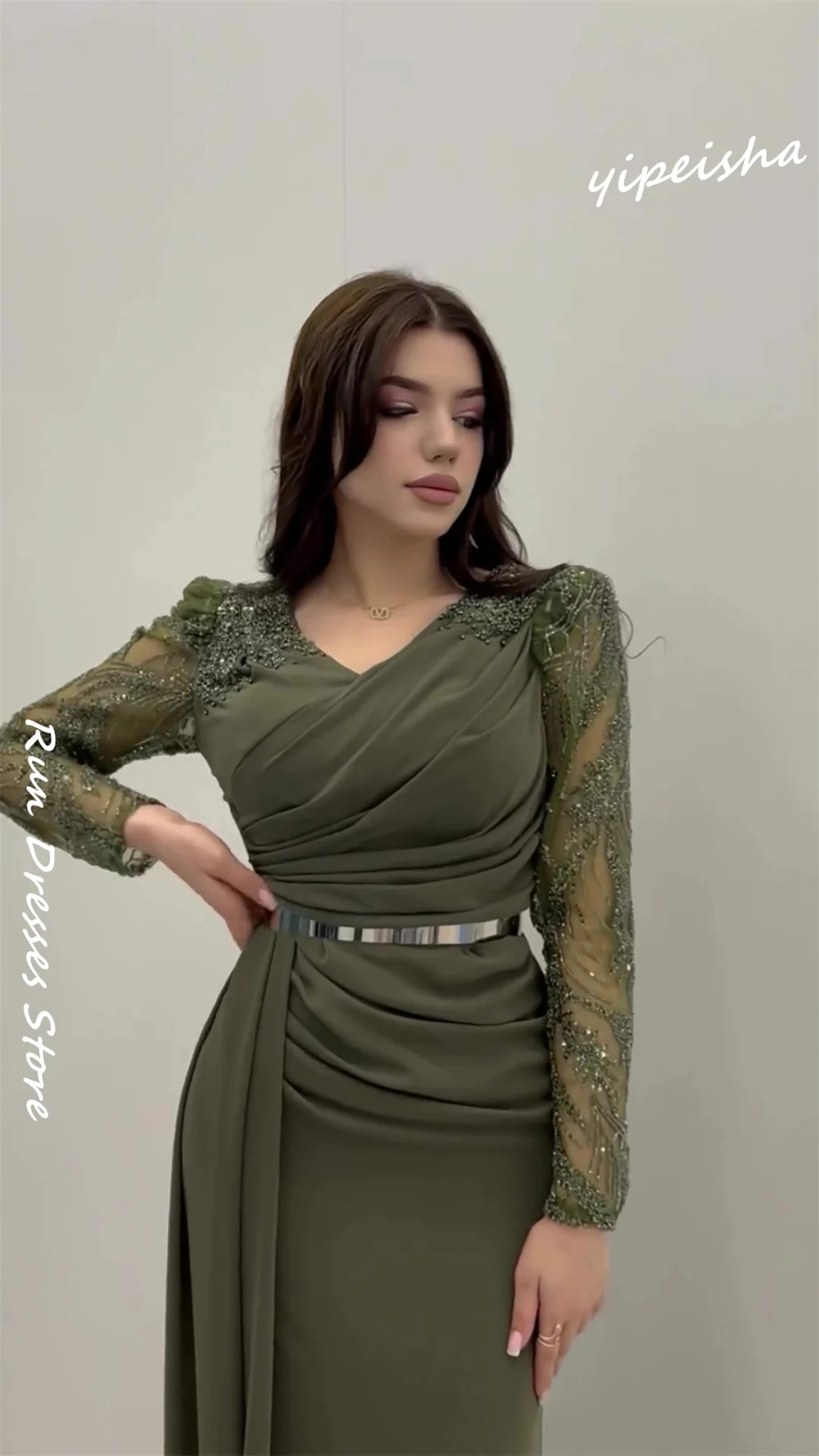 Customized Evening Jersey Sequined Beading Ruched Beach A-line V-neck Bespoke Occasion Gown Long Dresses Sexy Casual