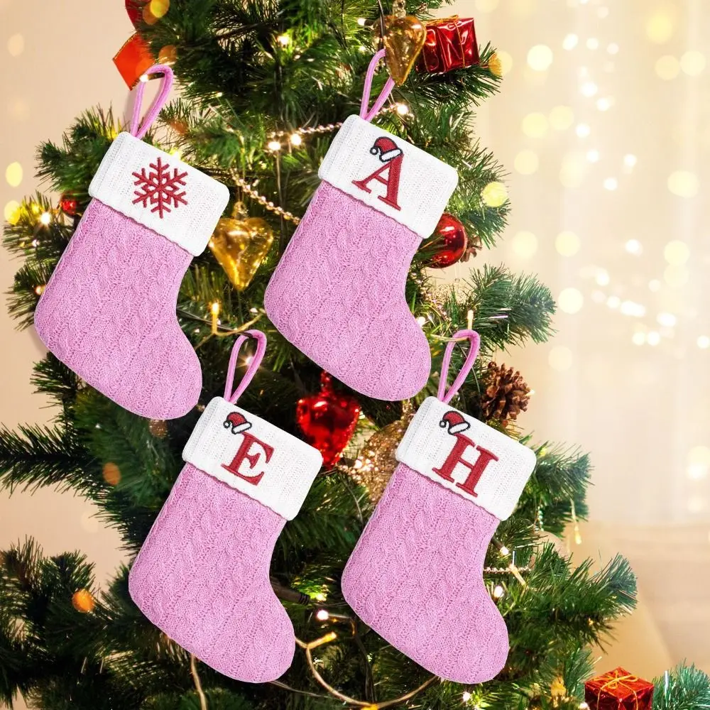 Pink Christmas Alphabet Knitted Socks Thickened Exquisite Letter Knitting Socks Large Capacity Festival Christmas Tree Ornaments