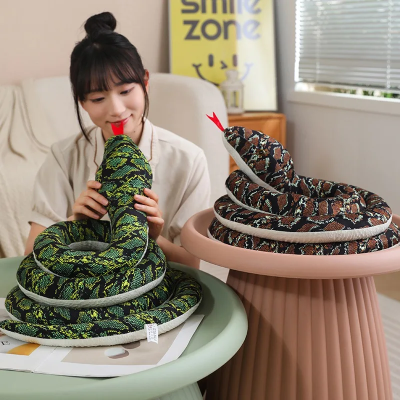 2.2/3/4M Giant Green& Brown Cobra Plush Toy Lifelike Coiled Snake Stuffed Long Pillow Funny Spoof Joke Soft Toys