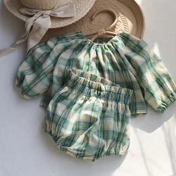 MILANCEL Bebê Meninas Roupas Estilo Vintage Baby Girl Clothing Set Verde Grande Plaid Toddler Suit