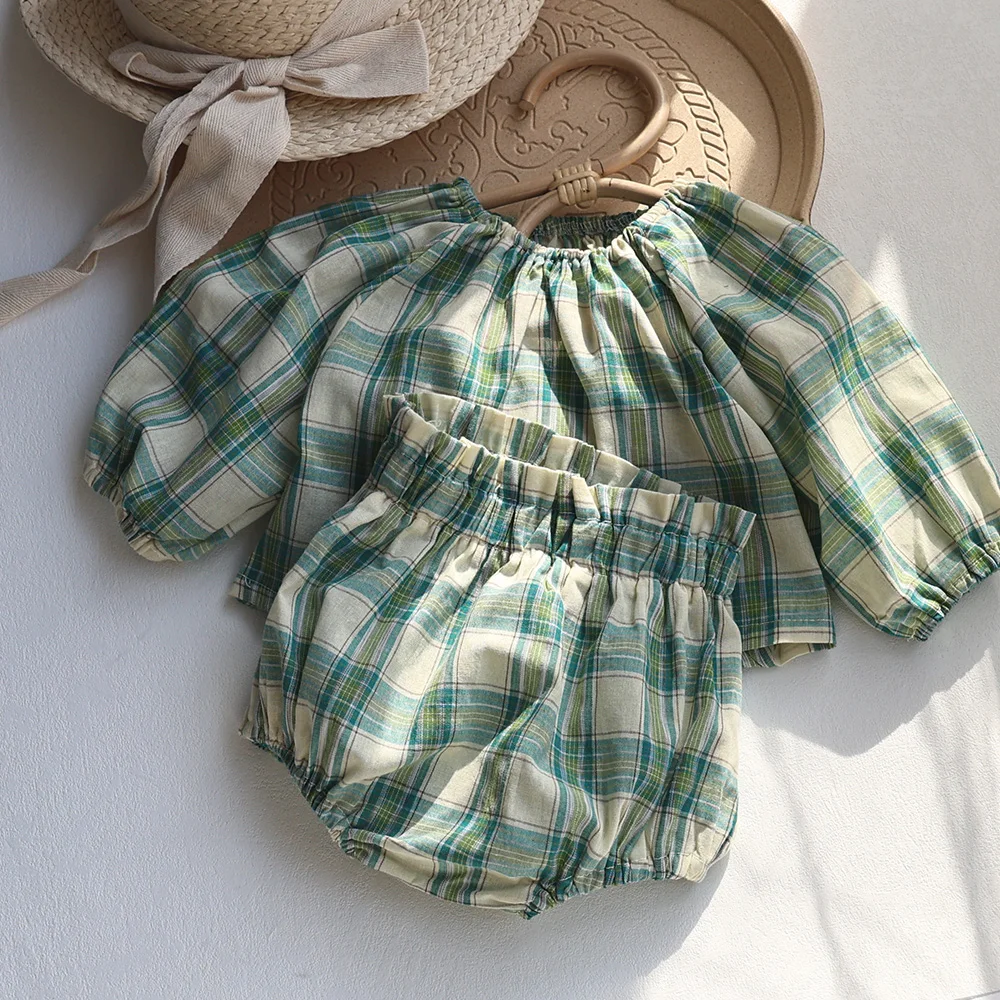 MILANCEL Baby Girls Clothes Vintage Style Baby Girl Clothing Set Green Big Plaid Toddler Suit