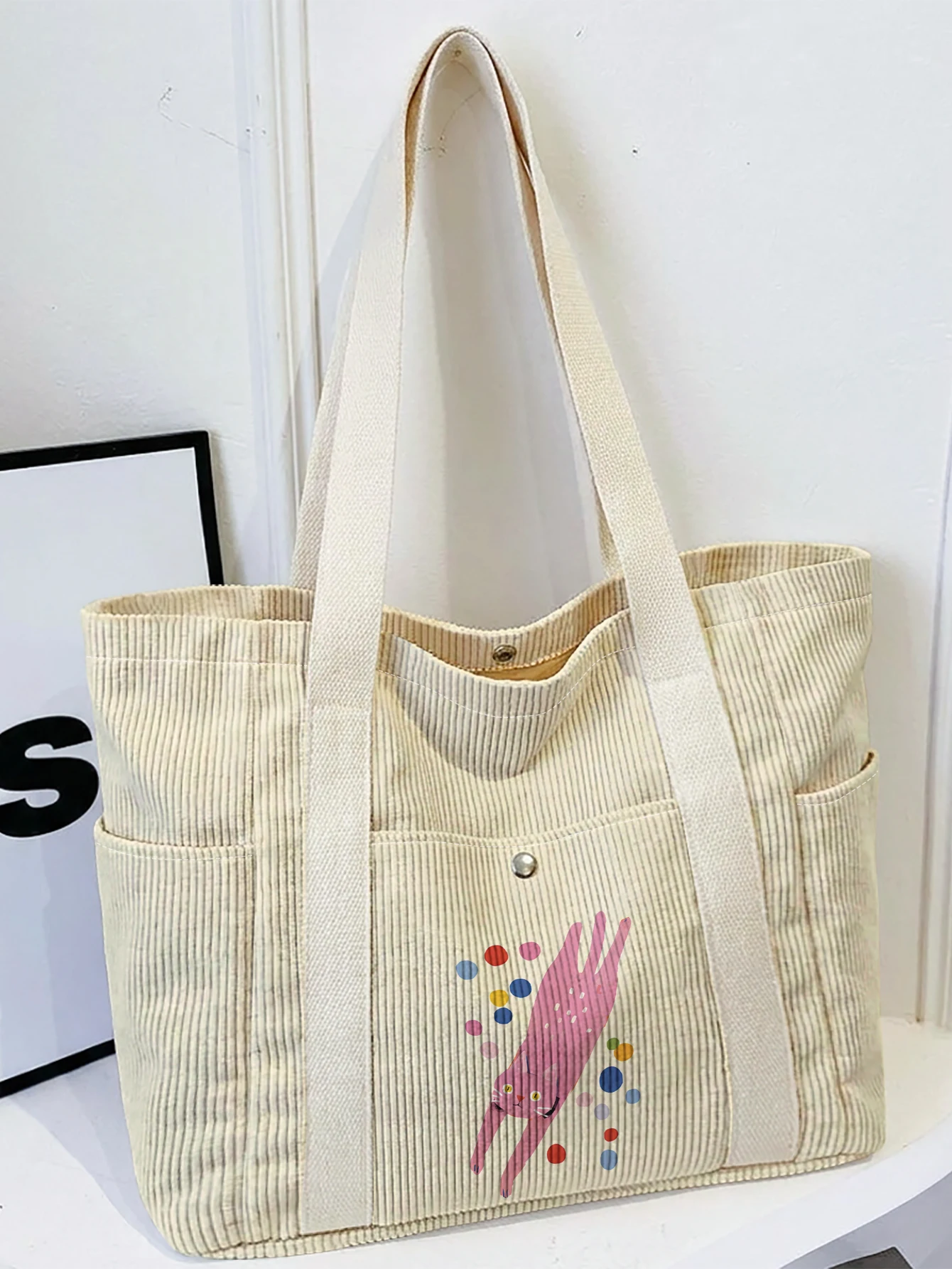 Pink Cat Art Print Corduroy Tote Bag, Large Capacity Multi Pocket Shoulder Bag for School Shopping Daily Use