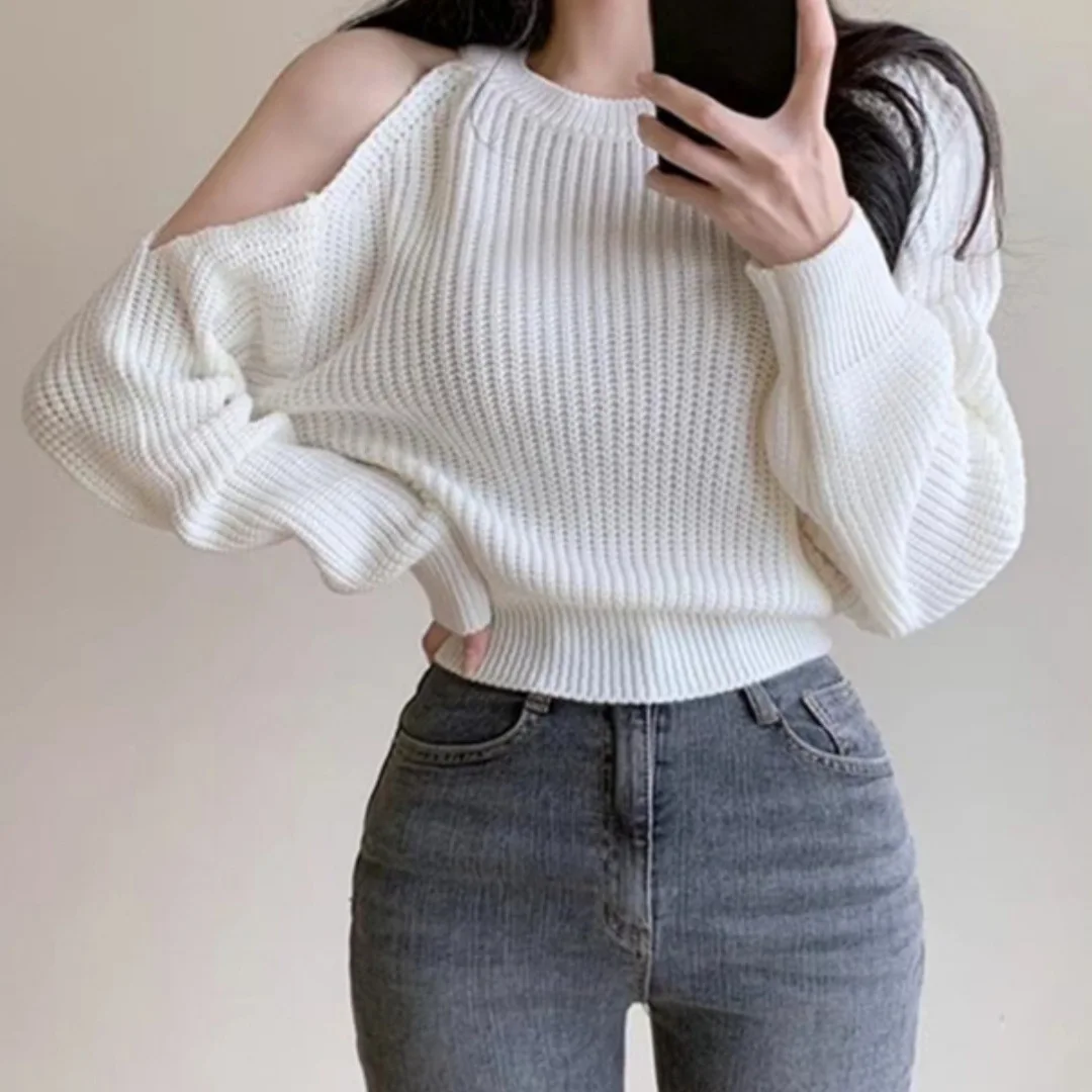 Autumn Gentle and Fresh Round Neck Off Shoulder Design Loose and Versatile Long Sleeve Knitted Sweater for Women