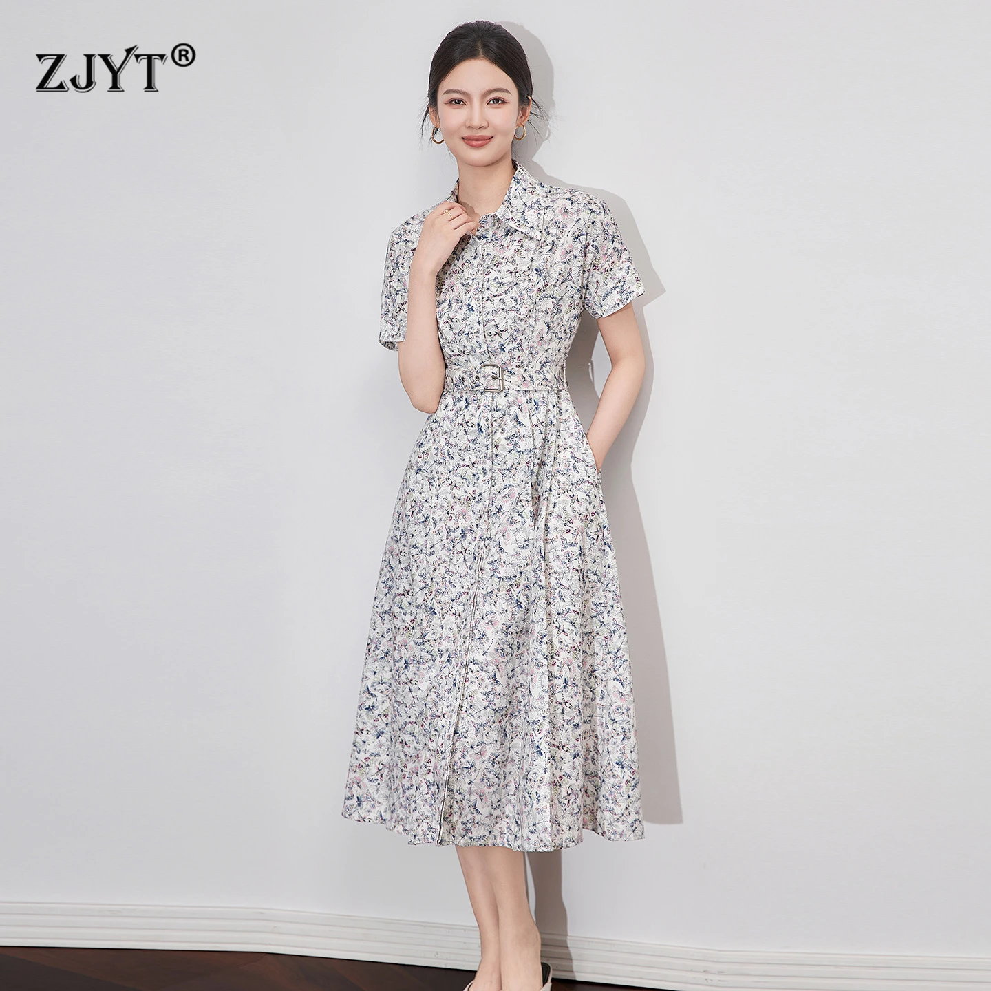 

ZJYT Summer Fashion Women's Print Midi Shirt Dresses Short Sleeved Single Breasted Casual Vintage Holiday Dress Female Clothes