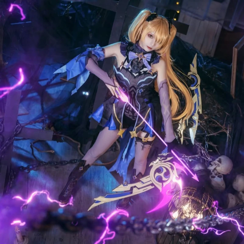 أزياء لعبة Genshin Impact Fischl التأثيرية أزياء Prinzessin الموحدة على طراز الرسوم المتحركة للنساء شعر مستعار ذهبي مجموعة كاملة من موافعات حفلات الهالوين