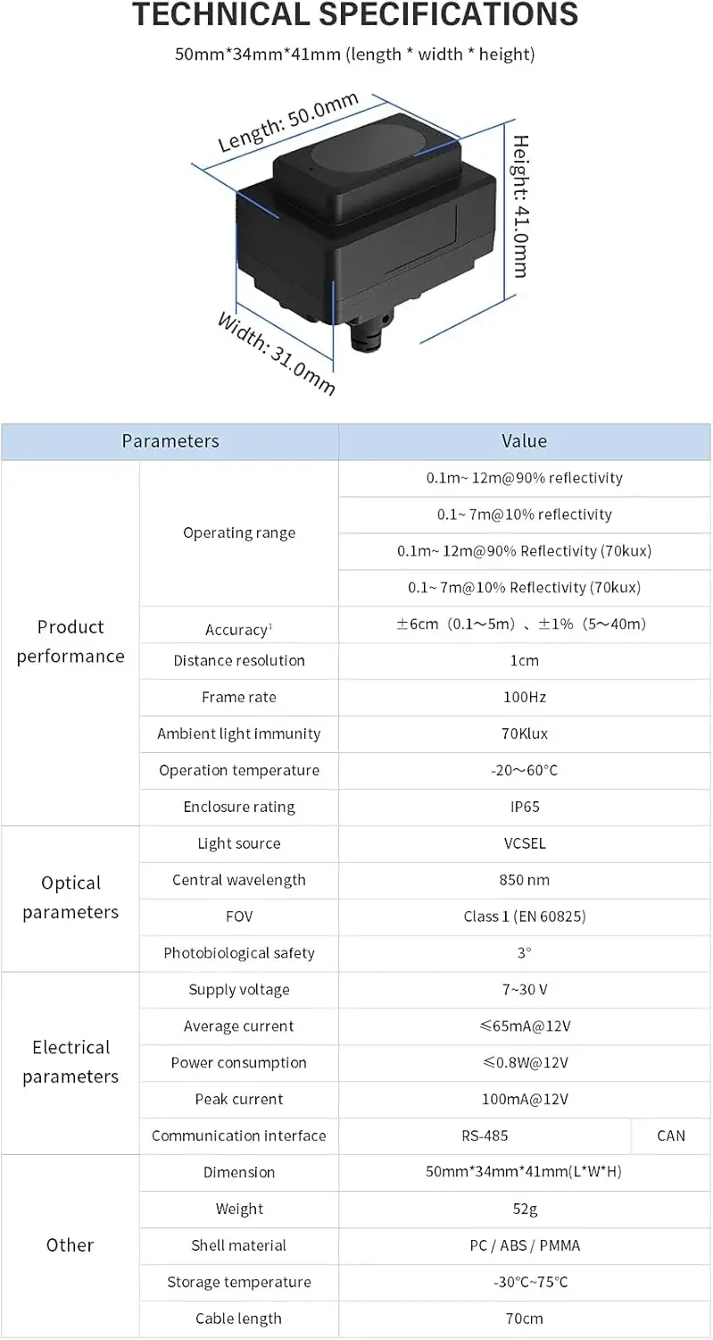 RS485 Version Lidar Sensor 0.1-8m Range Distance Single-Point Ranging Finder Module Optical Sensors