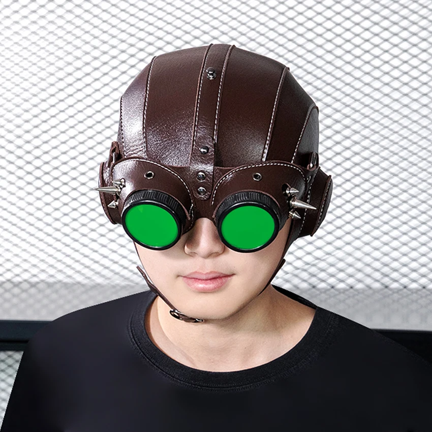 Maschera da aviatore Steampunk in pelle PU medievale Halloween Cosplay Divertente Carnevale Masquerade Mezza maschera Occhiali da pilota Copricapo