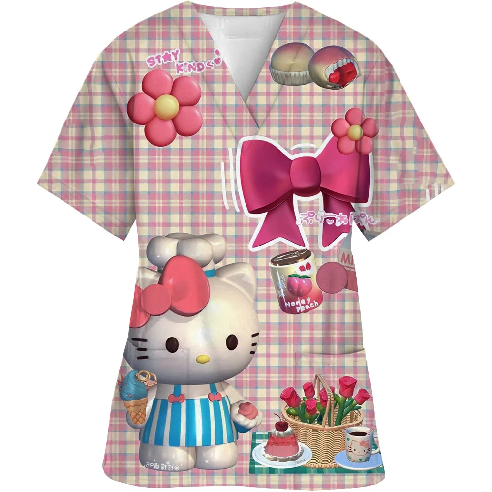 Women Working Uniform cartoon Print cute Hello Kitty Short Sleeve V-neck Tops Femme Blouse Nurse work wear Medical Uniforms