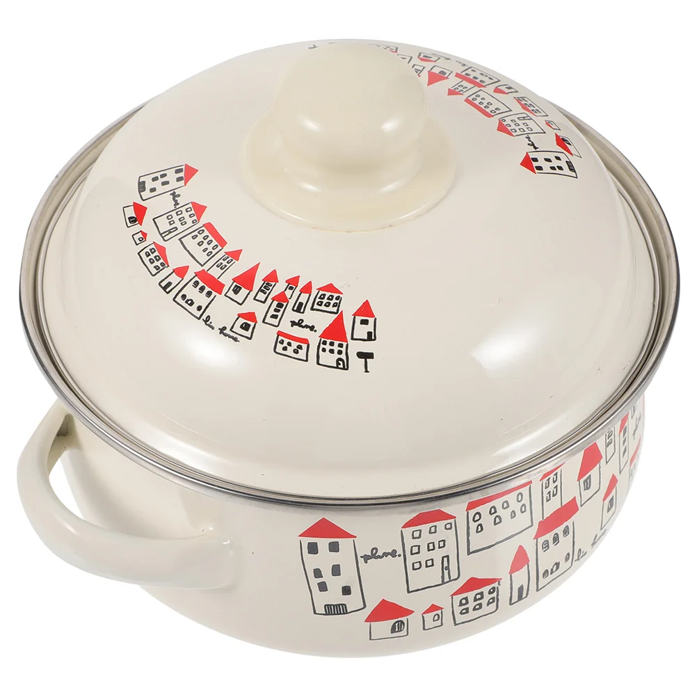 

Enamel Pot Vintage Cooking with Lid Pans Handle Portable Soup Stew Nonstick Household