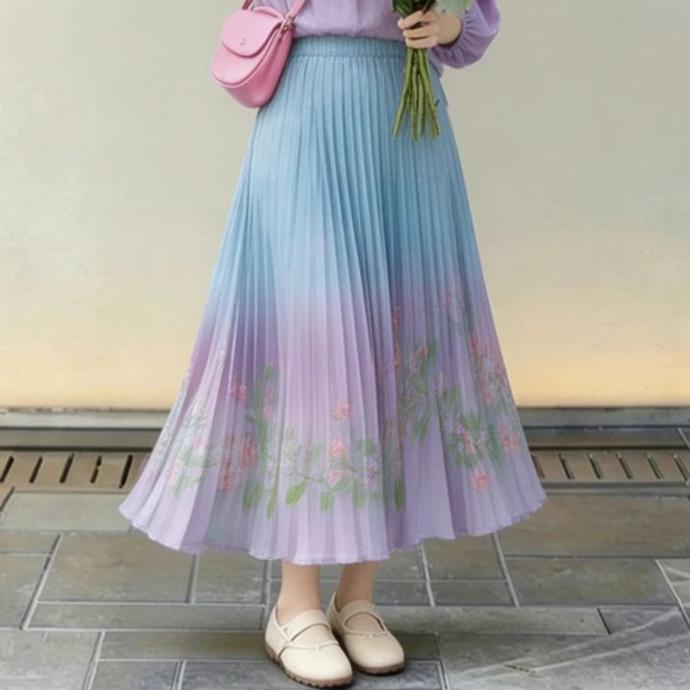 2026 summer new product casual and thin temperament elegant violet gradual change color chiffon printing dress high quality