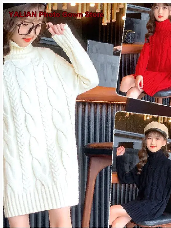 Girls Turtleneck Dress Autumn Winter Cable Knit Fleece Lined Loose Fit Long Bottoming Wear High Neck Older Kids