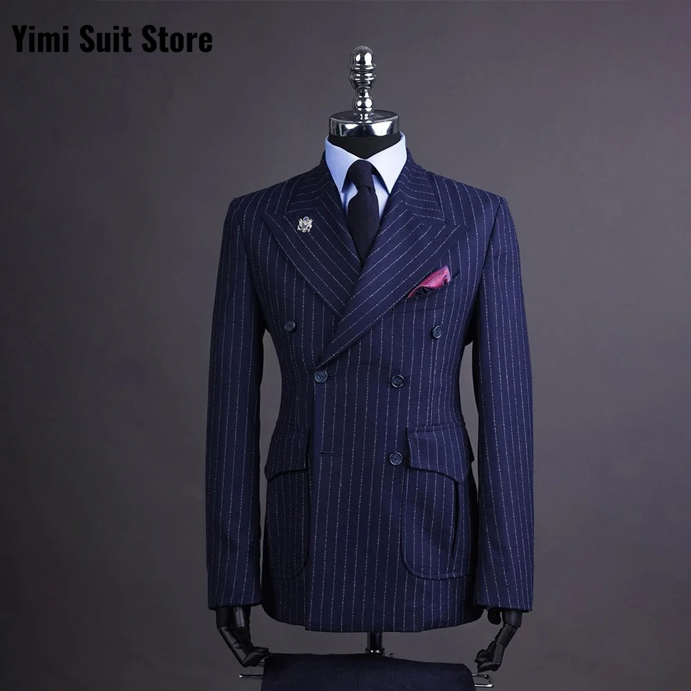 

Men's Double Breasted Pinstripe Suit 2 Piece Tailored Slim Fit Formal Business Wedding Party Groom Suit Jacket + Pants