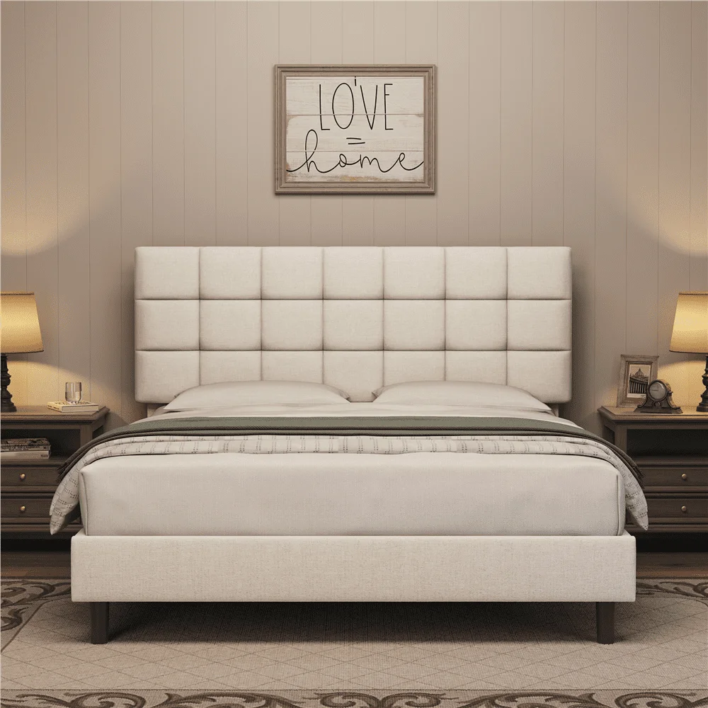 Cama acolchoada estofada plataforma, cama queen bege