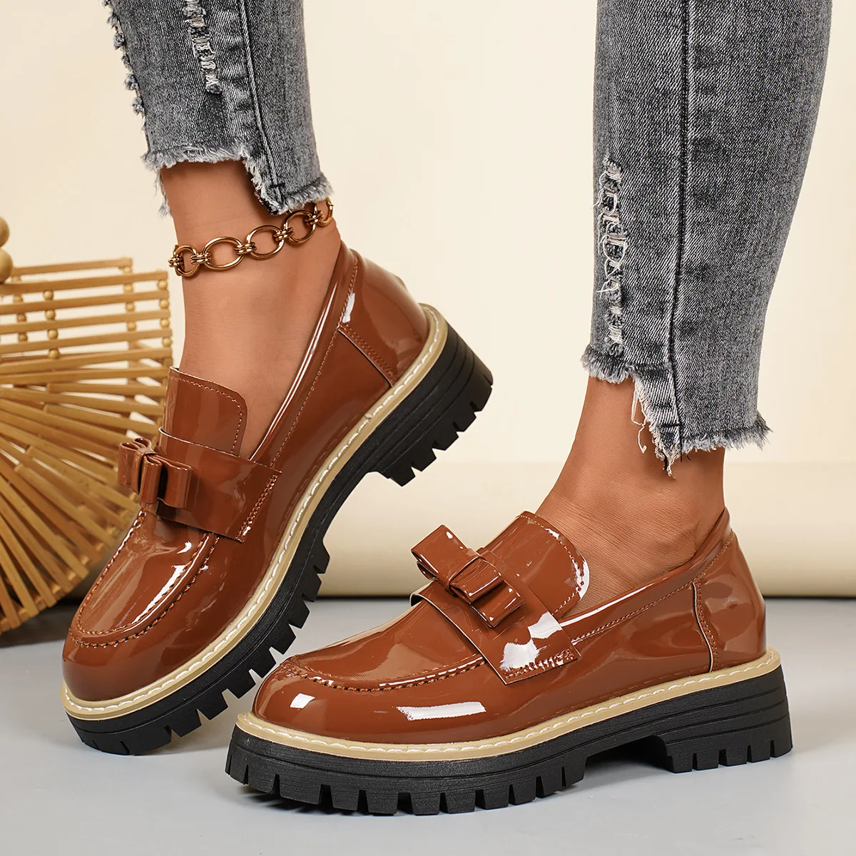 Winter New Style Bow Low-Top Single Shoes, Large-Sized Sponge Cake British-Style Small Leather Shoes, Loafers