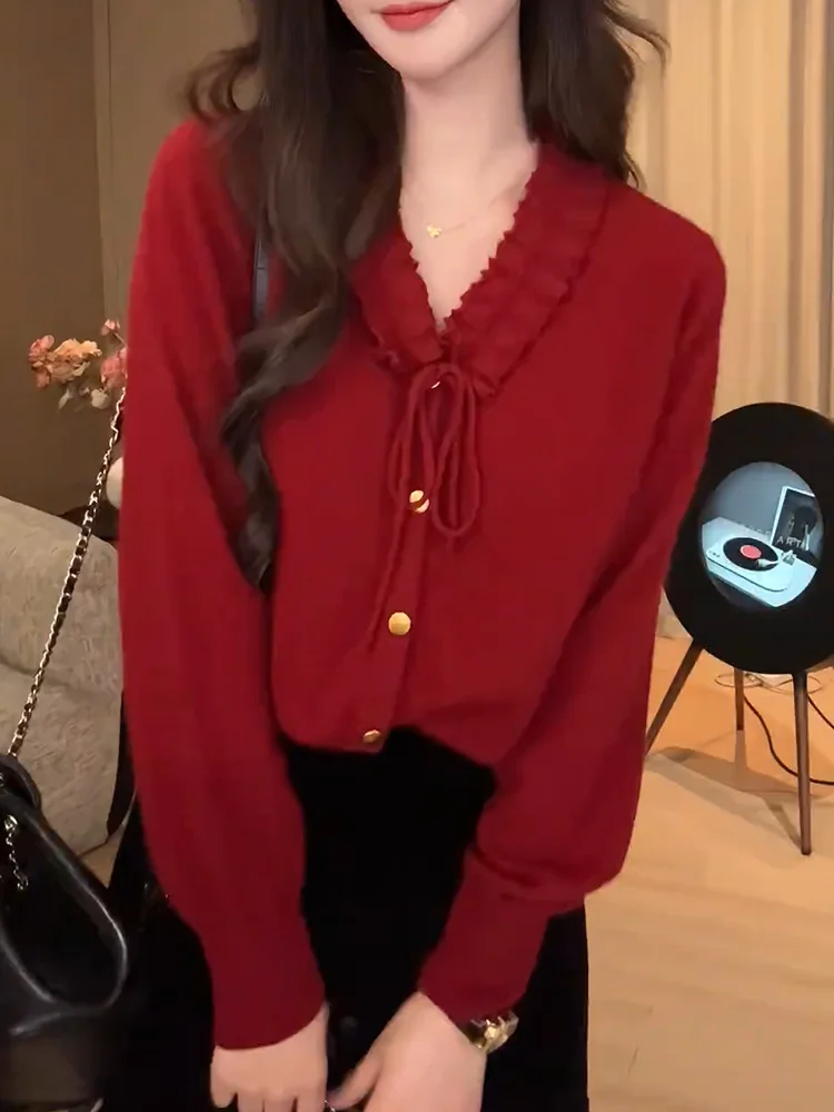 

Ele V-Ne Knitted Open Cardigan Autumn New plus Size Commute Slimming Top Floral Lace Casual Comfortable Warmth Long Sve