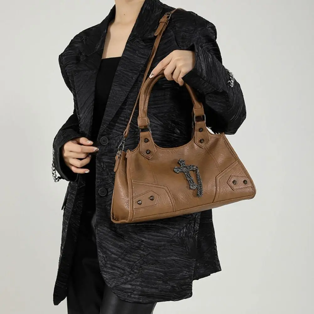 

PU Leather Gothic Cross Crossbody Bag Large Capacity Retro American Style Locomotive Style Underarm Bag Fashion Design
