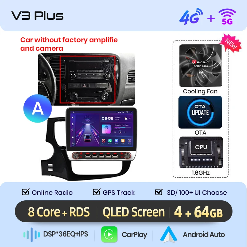 Junsun 13.1″ QLED Draadloze CarPlay Android Auto Autoradio Voor Mitsubishi Outlander 3 2012-2018 Intelligente Systemen DSP SWC RDS
