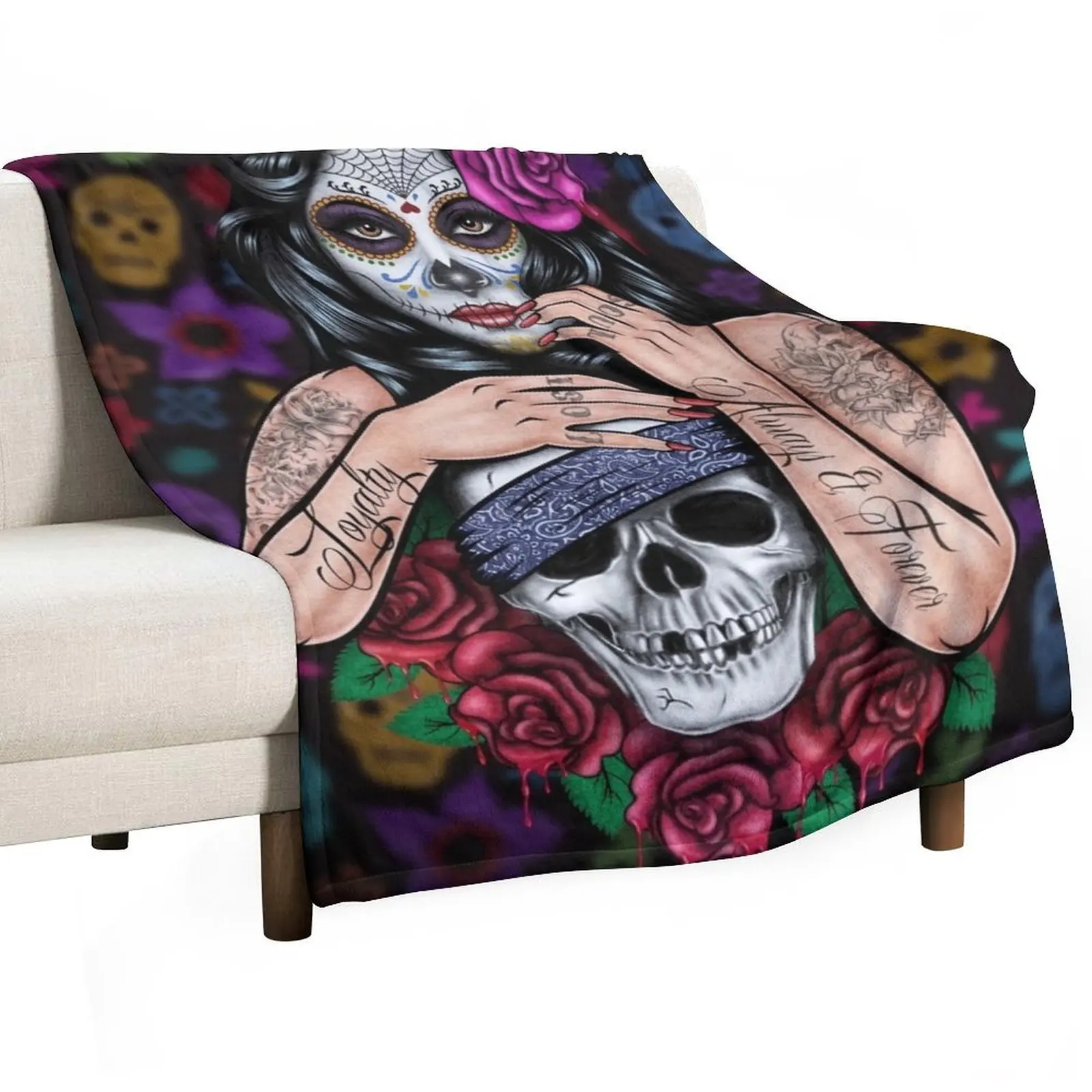 

sugar skull floral Tattoo girl day of the dead Throw Blanket Furry Bed Fashionable Soft Plush Plaid Plaid Blankets