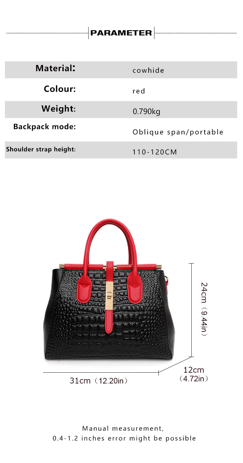 Neue Tragetasche aus Rindsleder mit Kroko-Prägung für Damen, farblich passende Handtasche, abnehmbarer Riemen, Umhängetasche für Pendler – Detail 3