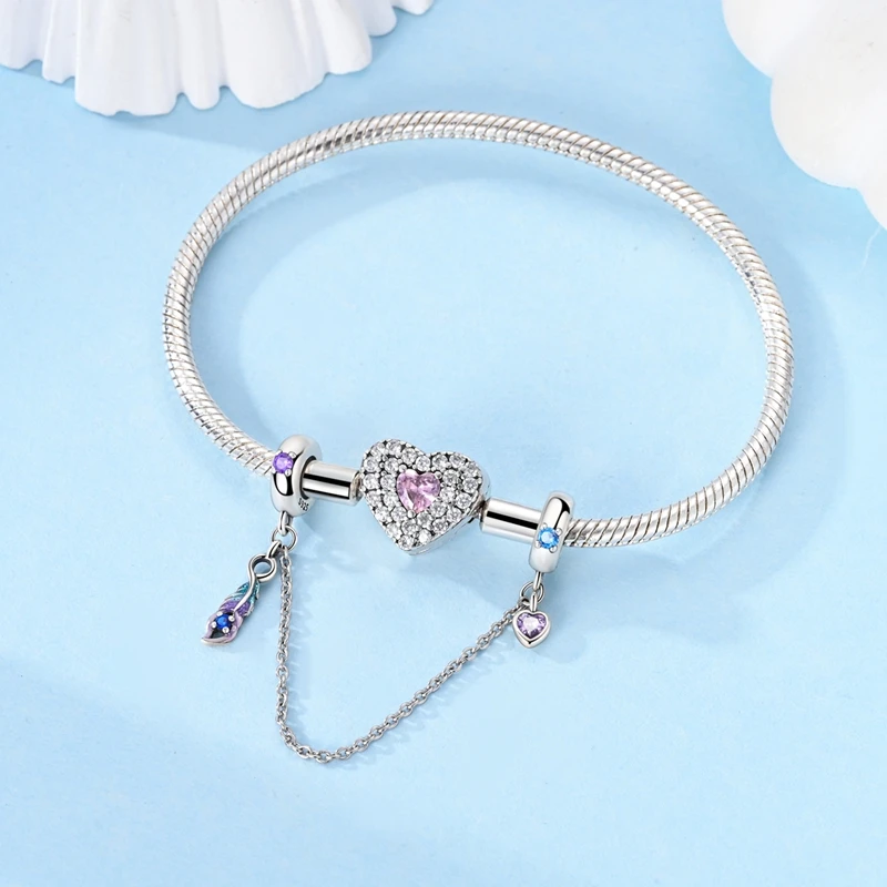 New Cute 925 Sterling Silver Blue Purple Lucky Feather Safety Chain Charm Bracelet Fit DIY Jewelry Women's Gift Accessories