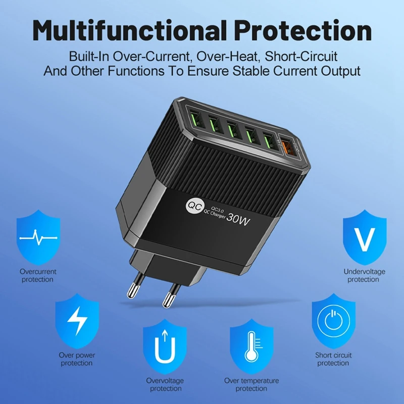 6 منافذ شاحن USB 30 واط شحن سريع شاحن شواحن الهاتف الخليوي