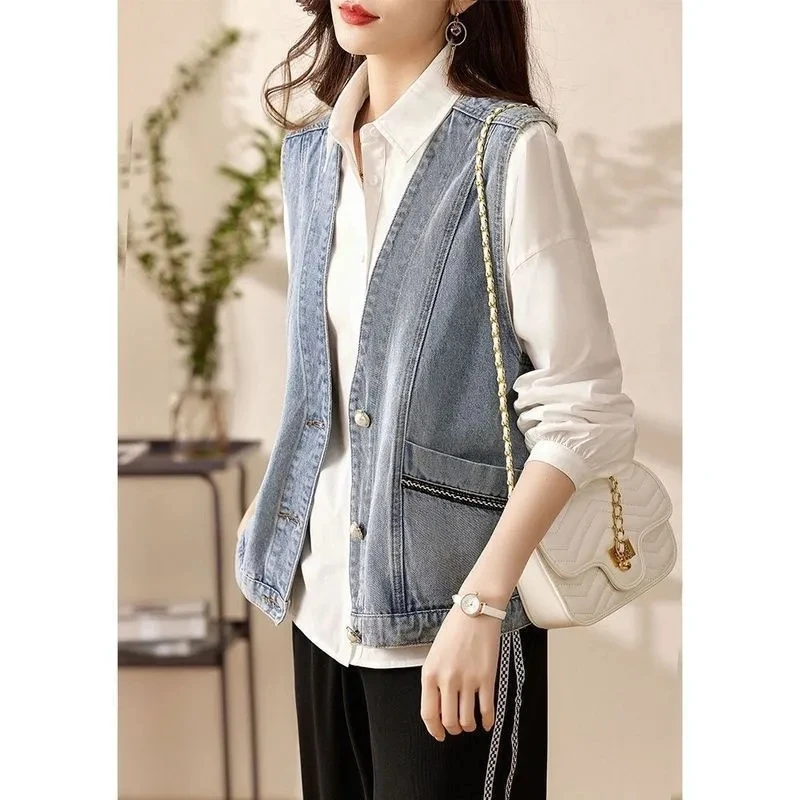 

Spring Summer Women Denim Waistcoat Jacket New Vintage V-Neck Short Slim Sleeveless Jeans Vest Female Single Breasted Casual Top