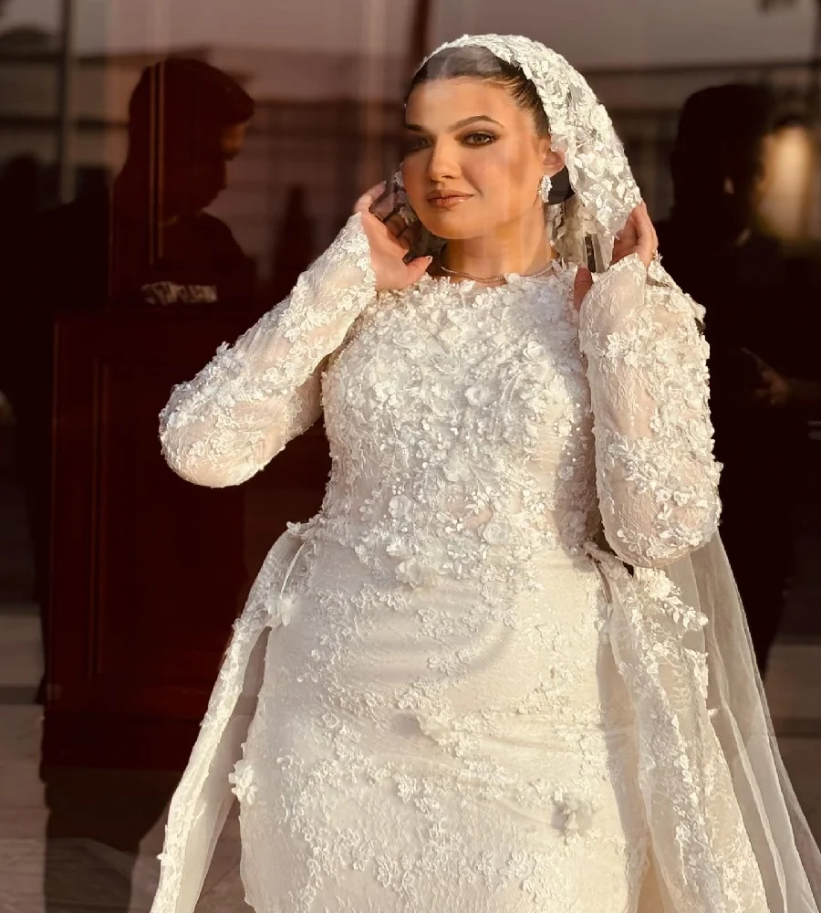 Vestido de novia de sirena árabe de lujo con tren extraíble elegante 2 en 1 vestido de novia de encaje de talla grande novia musulmana de Dubái personalizado