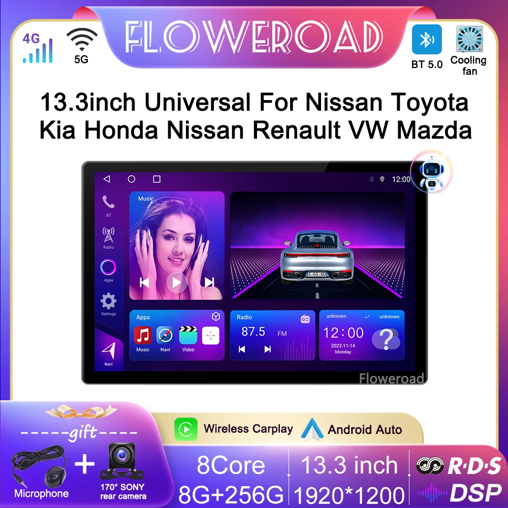 13.3 inch Universal Android 12 For VW KIA TOYOTA NISSAN HONDA MAZDA RENAULT Fiat Peugeot Car Video Multimedia Player GPS Carplay