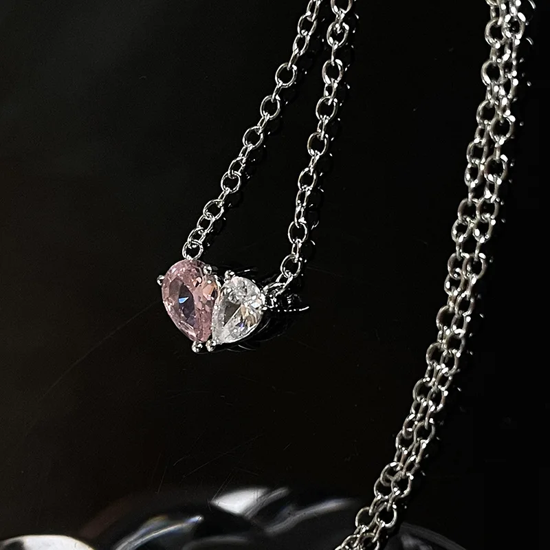 Love Heart Necklaces for Women Ins Sweet and Romantic Choker Neckalce Chain Pink Droplet Zircon Fashion Jewelry Gift