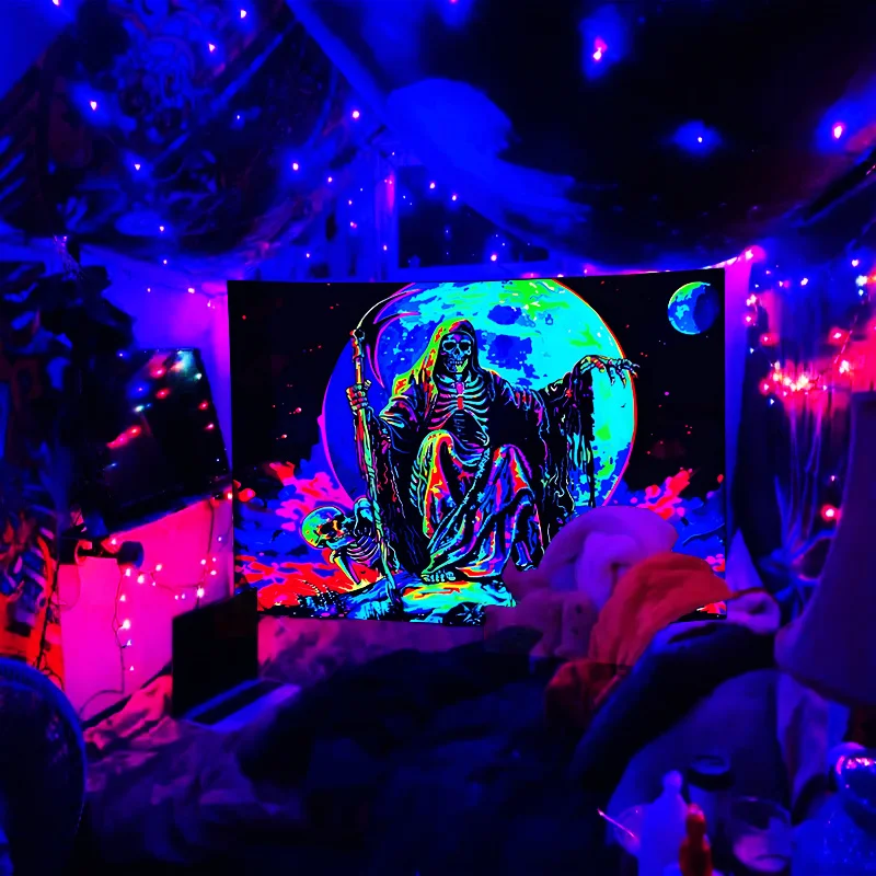 VIKAMA نيون الجمجمة نسيج المنجل السماء المرصعة بالنجوم التدرج غرفة الألعاب موضوع حفلة الفضاء الظلام نمط ديكور غرفة نوم