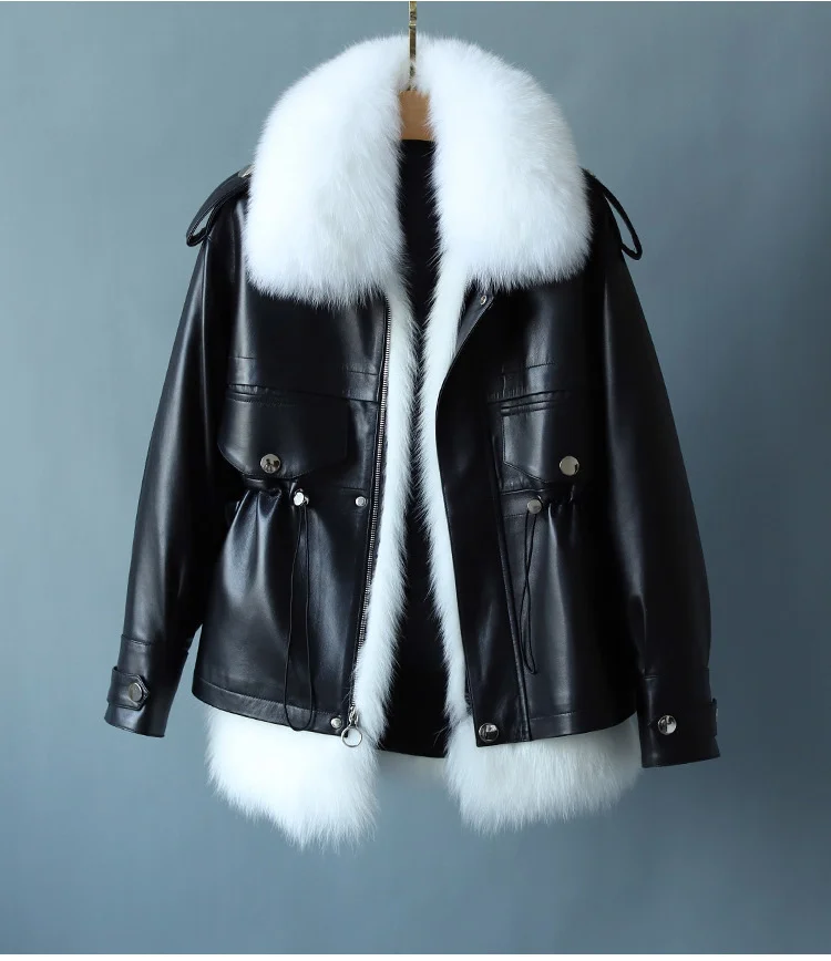 

2023 Leather coat,Genuine Leather Jacket Women Winter Sheepskin Coat Female 90% White Duck Down Jackets Fox Fur Collar Abrigo M