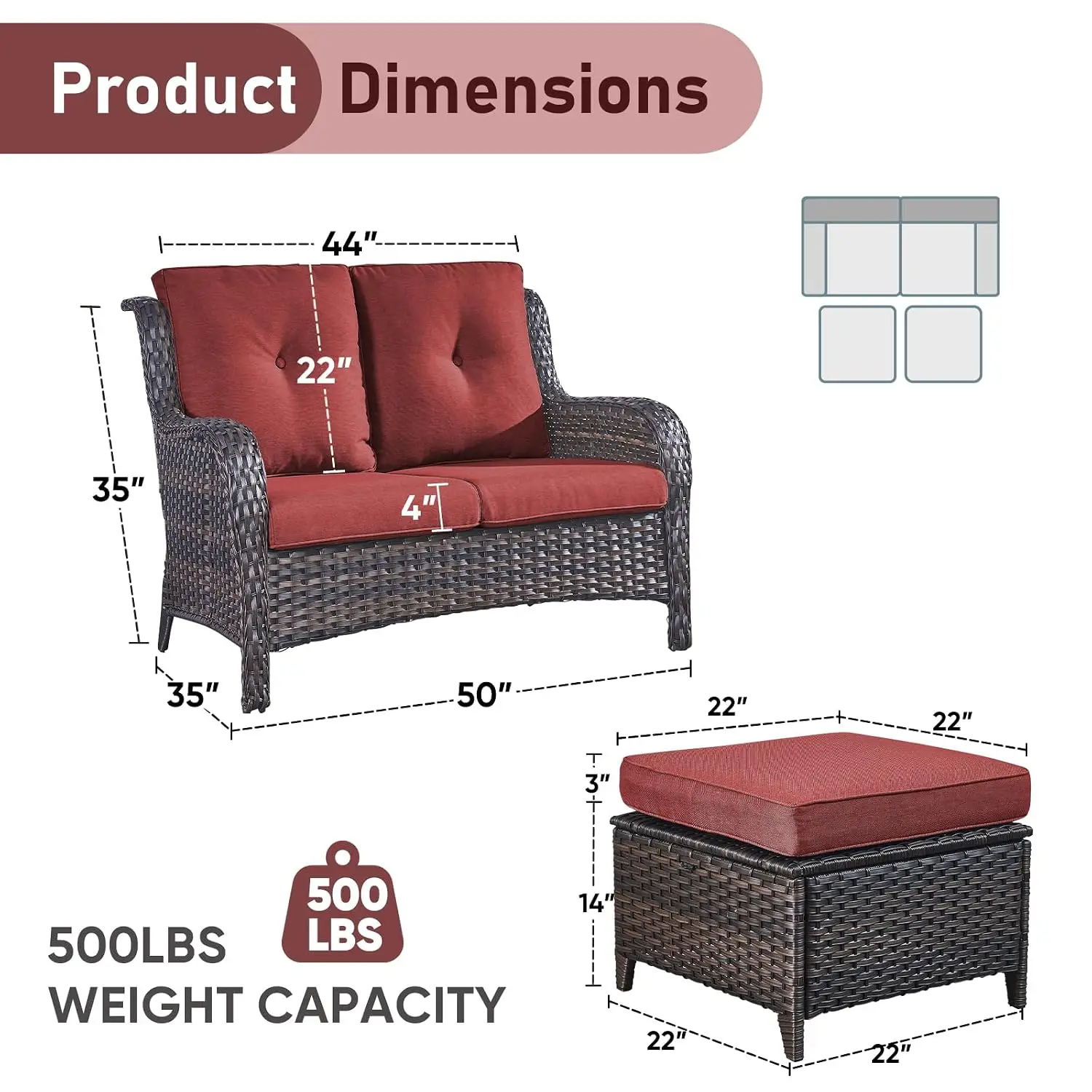 Outdoor Loveseat Sofa 3-Piece Patio Furniture With Ottoman Deep Seating Porch Deck Garden Backyard, Customized
