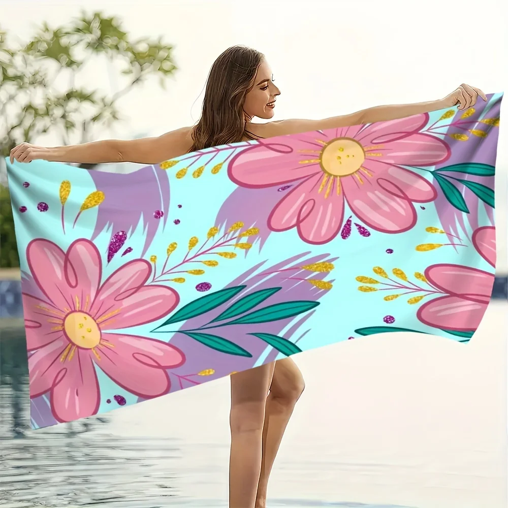 

Pink Green Floral Beach Towel, Soft Absorbent Quick Dry Microfiber Polyester Knit High Color Fastness for Summer Vacation