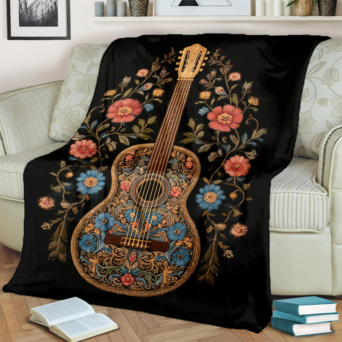 Vintage Floral Acoustic Guitar Print Flannel Blanket Soft Lightweight Throw Blanket for Sofa Bed Couch All‑Season Cozy Blanket