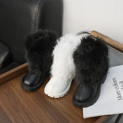 Girls High Boots Thick Warm Fluffy Black White Fashion Kids Winter Boots Platform Children Leather Long Boots New Side Zipper