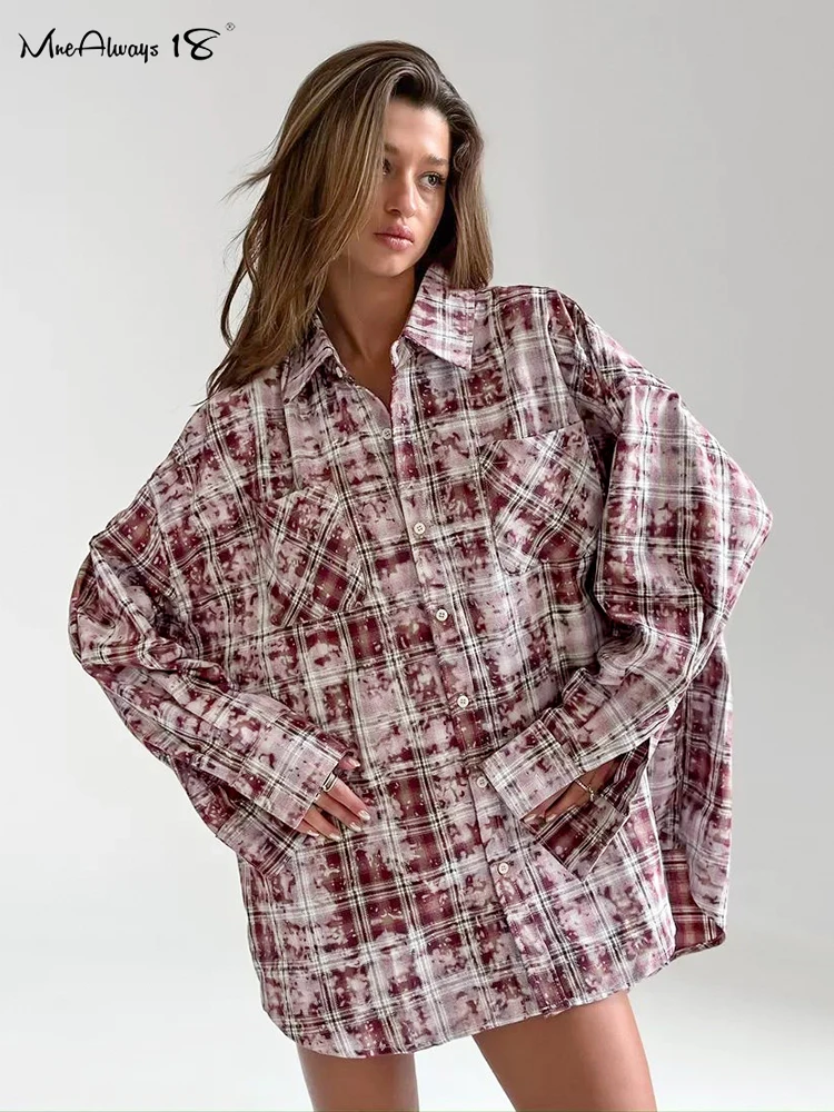 Mnealways18 Street Style Oversize Vintage Gingham Blouses Women Long Sleeve Classic Casual Shirts Pocket Ladies Plaid Tops 2024