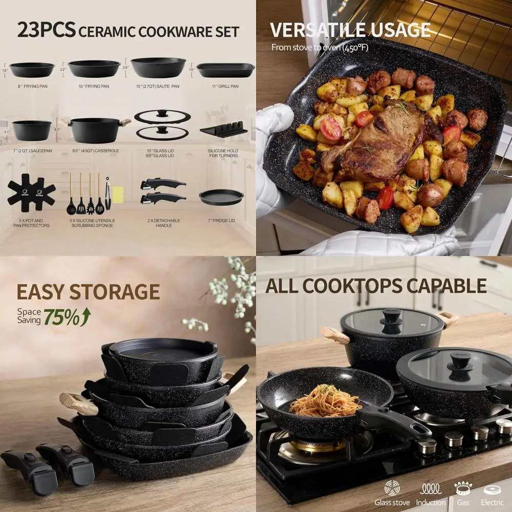 

Black 23-Piece Nonstick Ceramic Cookware Set with Detachable Handles, Including Frying Pans and Saucepans, Oven Safe