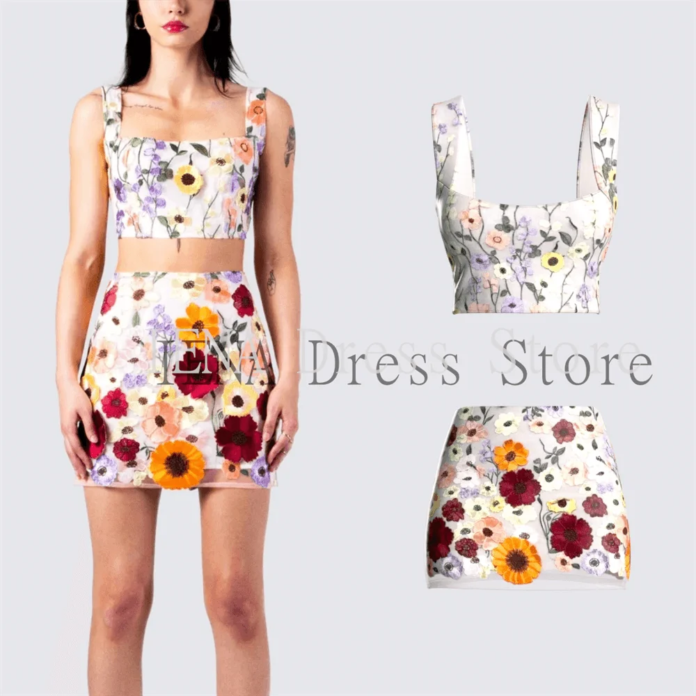 custom 14827# Sexy Two Piec Set   Summer Sweet 3D Flowers New French Fashion Chic Vintage Suits Floral Camis Mini Bodycon Skirt