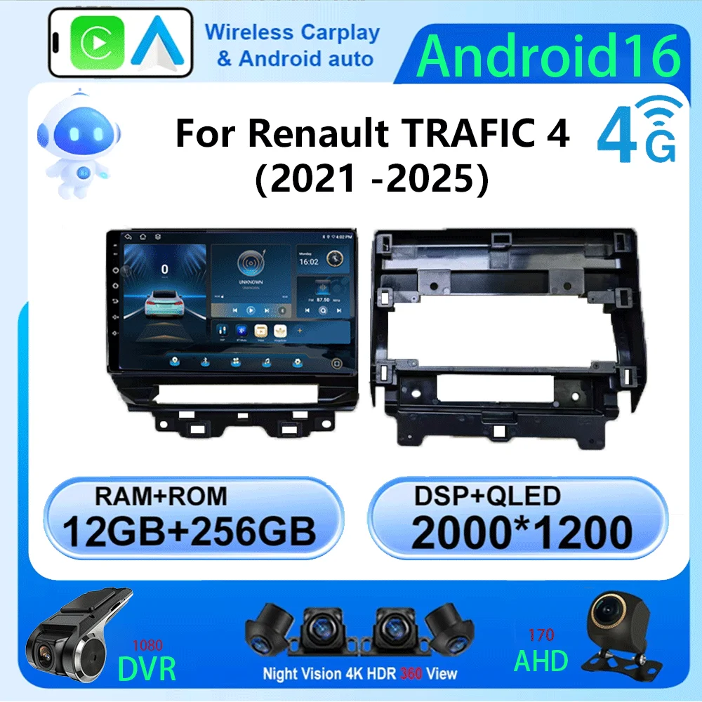 Rádio Automotivo LJZN Android 16 com DVD Player para Renault TRAFIC 4 (2021-2025) com Carplay, Estéreo, 4G+WIFI LTE e Navegação GPS