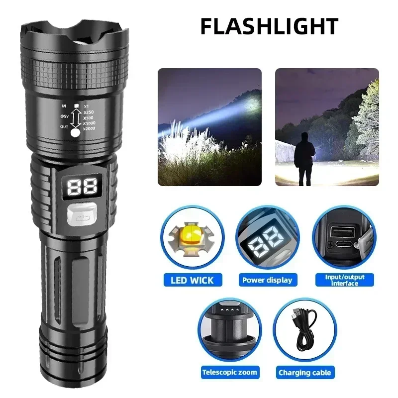 Powerful LED Flashlight High Power Tactical Light Power Display Rechargeable Light Telescopic Zoom Torch Outdoor Camping Lantern