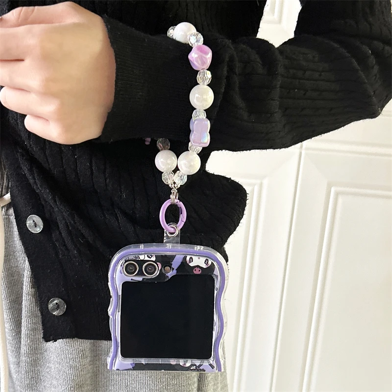 Wavy Edge Purple Phone Case For Samsung Galaxy Z Flip 3 4 5 5G ZFlip5 Cartoon Kuromi Sanrio Silicone Back Cover With accessories image 6