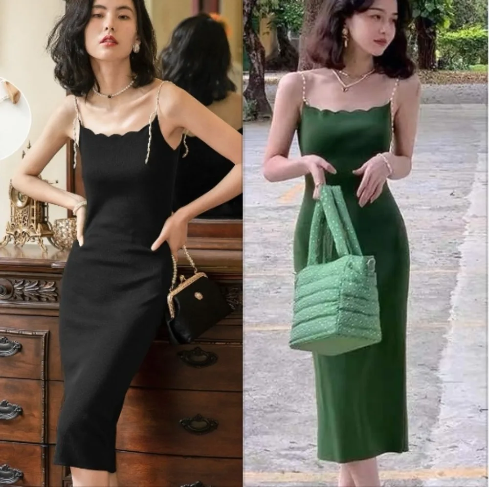 

Sexy Pearl Sling Dress Women Slim Off Shoulder Knitted Midi Bodycon Dress
