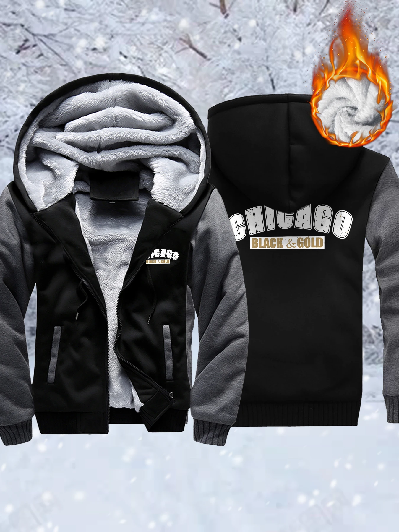 

Chicago Black Gold Print Men'S Basic Winter Jacket Warm Thicken Hoody Fleece Fashion Coat Comfy Zipper Sportswear Street Clothes