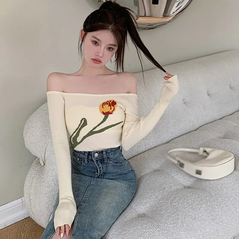 Women's Crop Top Off Shoulder Long Sleeve Knitted Slim Sexy Retor Flower Print Pullover Inner Wear Spring Autumn Versatile