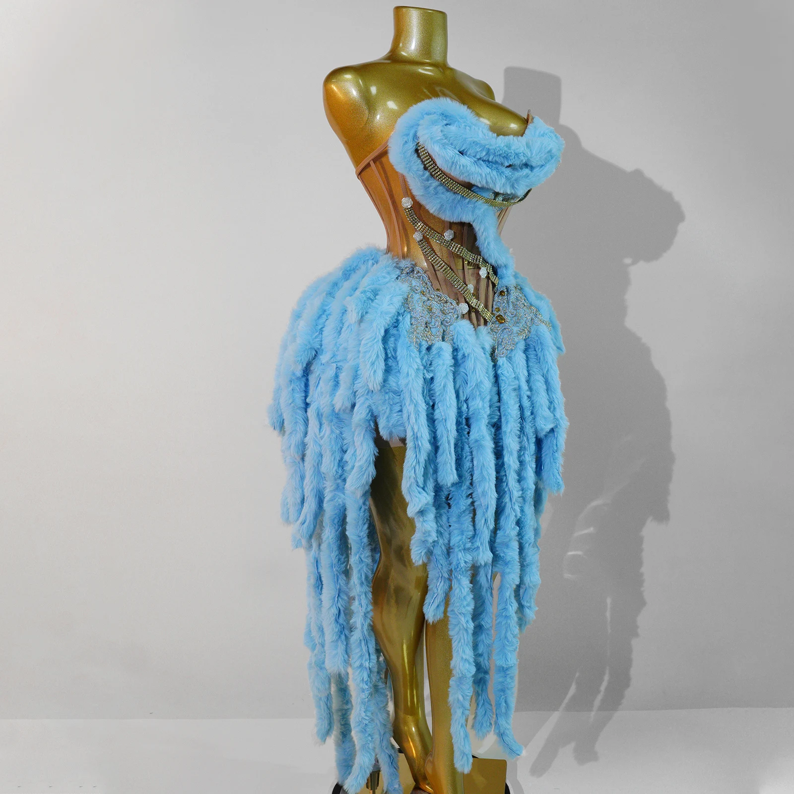 Luxuriöses Blaues Fellfransen-Ballkleid Kristall-Strass Transparentes Korsett-Kleid Handgefertigtes Schnür-Rücken-Performancekleid