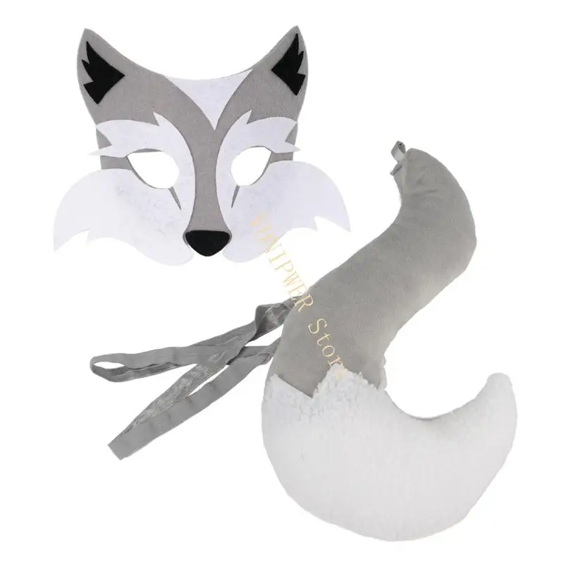 3pcs Cats Wolf Costumes Cosplay Wolf Ears Beads with Tail Wolf Mask Set Halloween Animal Assive Costume Accessories D08E