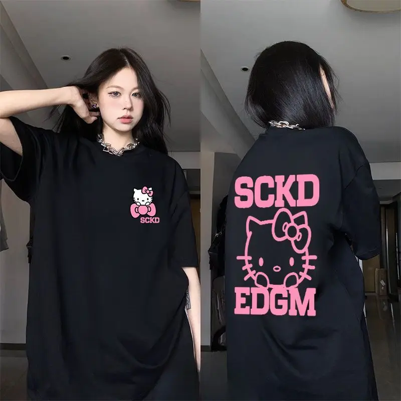 

Sanrio Print Short Sleeved Hello Kitty Cartoon T-Shirt Cotton College Style Girl Student High Quality Summer Loose Design Sense