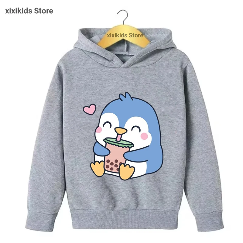 Penguin Loves Milk Tea Cartoon Print Cap Hoodies Girls/Boys Funny Kawaii Kids Clothes Sweatshirt Winter/Spring/Autumn Coat Tops