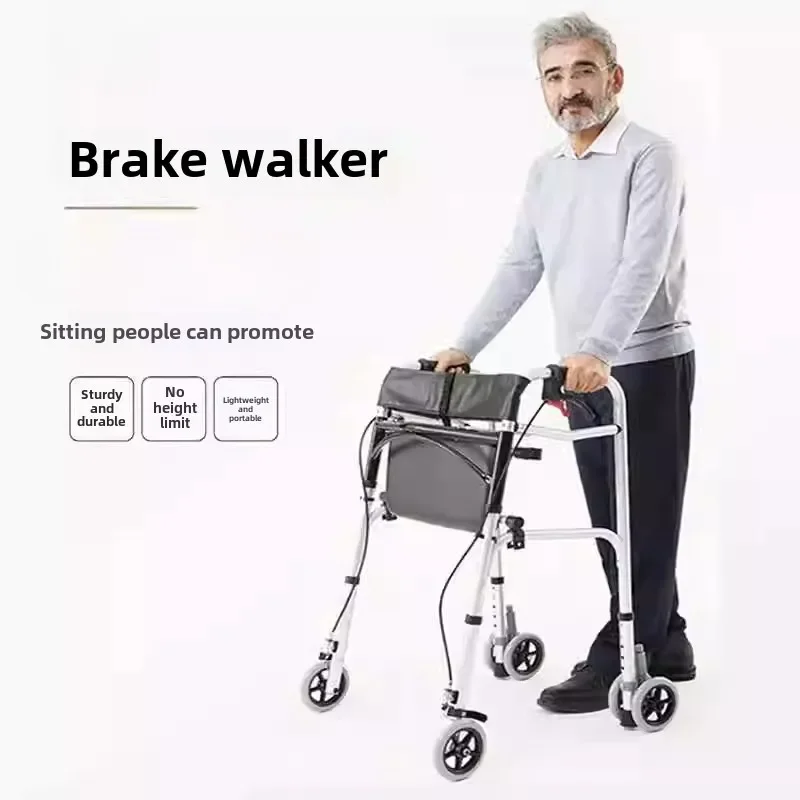 Hemiplegic Elderly Mobile Chair Walking Stick with Handbrake, Four-wheel Folding Assistant Adult Walkers, Disabled Crutches