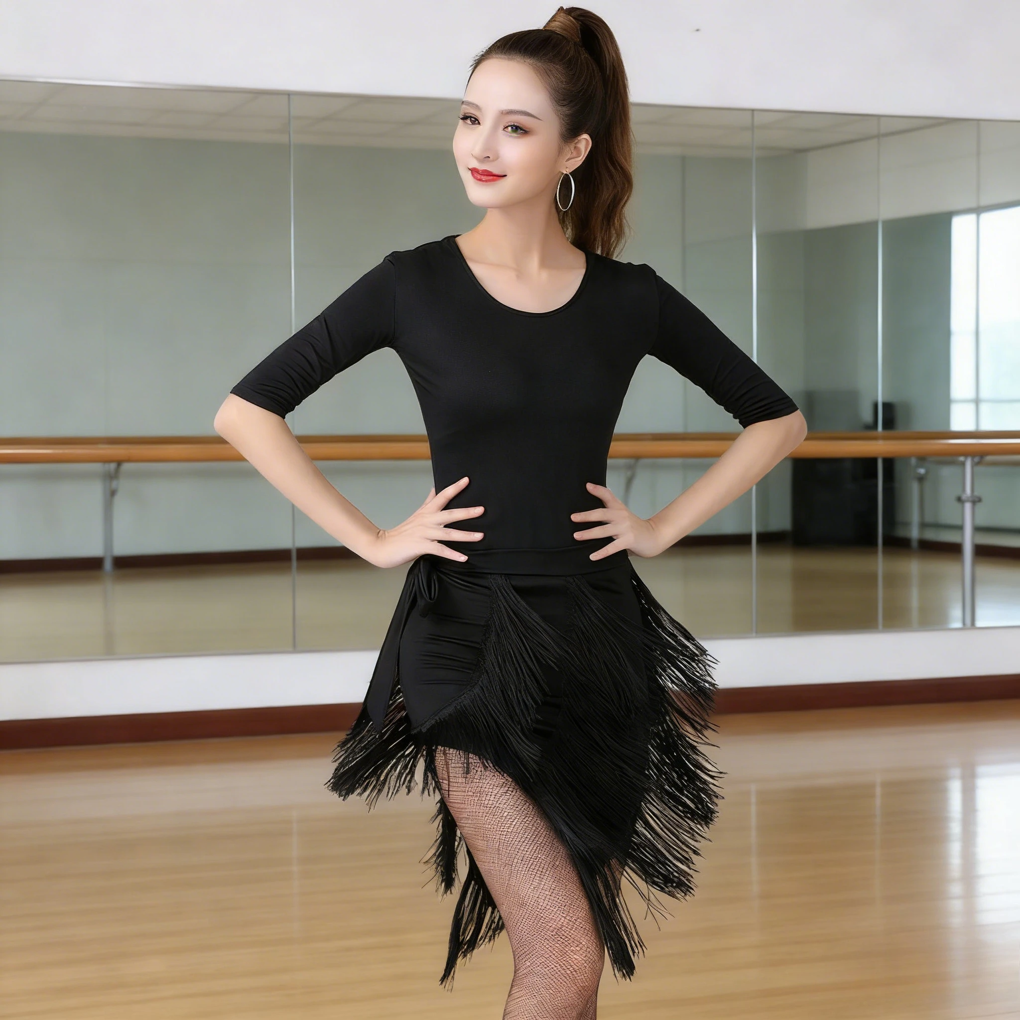 

Женский топ для латинских танцев, новая осенняя одежда с рукавами 3/4, двусторонний дизайн с перекрестной передней частью, одежда для бальных танцев для взрослых